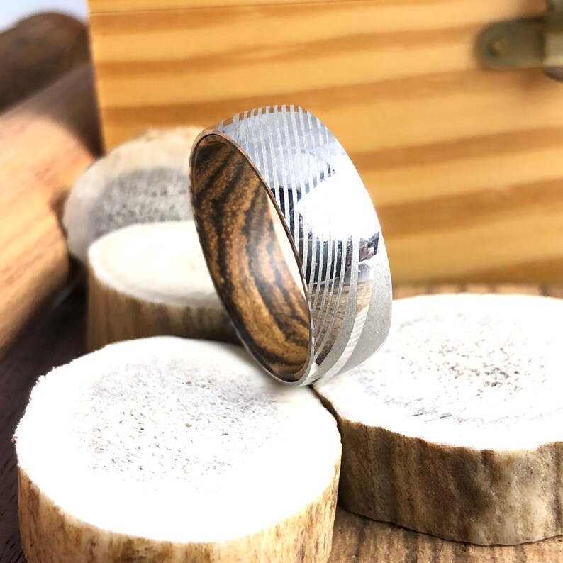 Damascus Wood Ring Wood Wedding Band Wooden Wedding Band Wooden Ring Damascus Steel Ring Damascus Steel Wedding Band Bocote Wood Ring