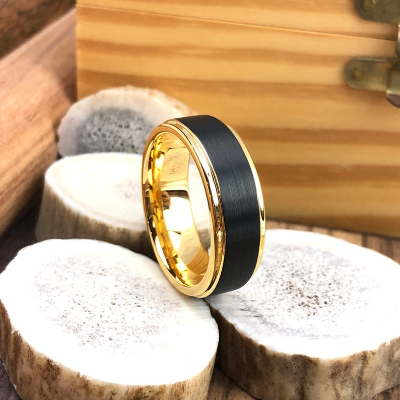 Gold Tungsten Wedding Band, Black Tungsten Wedding Ring, Tungsten Ring Men, 6mm 8mm Tungsten Carbide Ring, Black Wedding Ring, Black Ring image 4