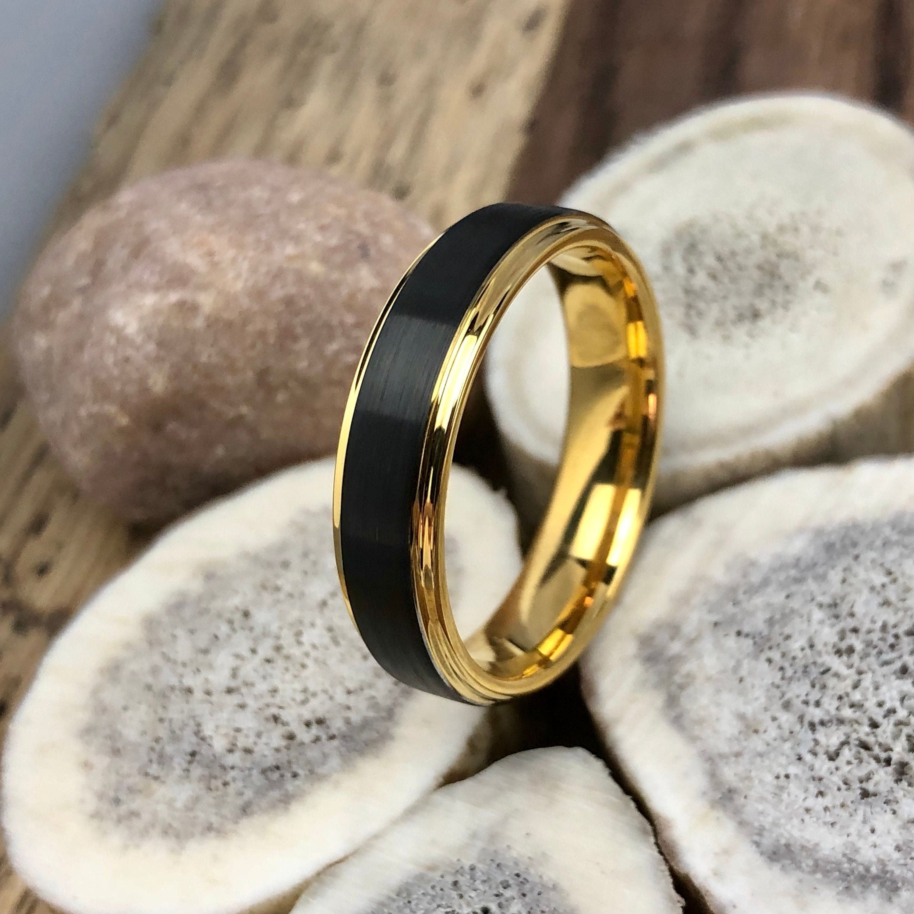 Black wedding band with gold stripe best sale