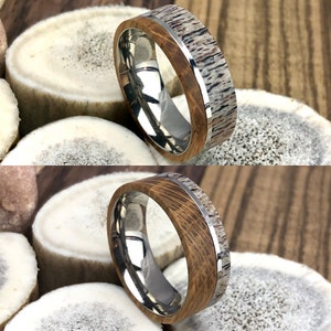 Whisky Barrel Mens Wedding Band Tennessee Ring Whiskey Barrel Wood and Deer Antler Ring with Titanium Inner Sleeve Hunter Wedding Band