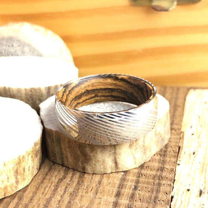Damascus Wood Ring Wood Wedding Band Wooden Wedding Band Wooden Ring Damascus Steel Ring Damascus Steel Wedding Band Bocote Wood Ring