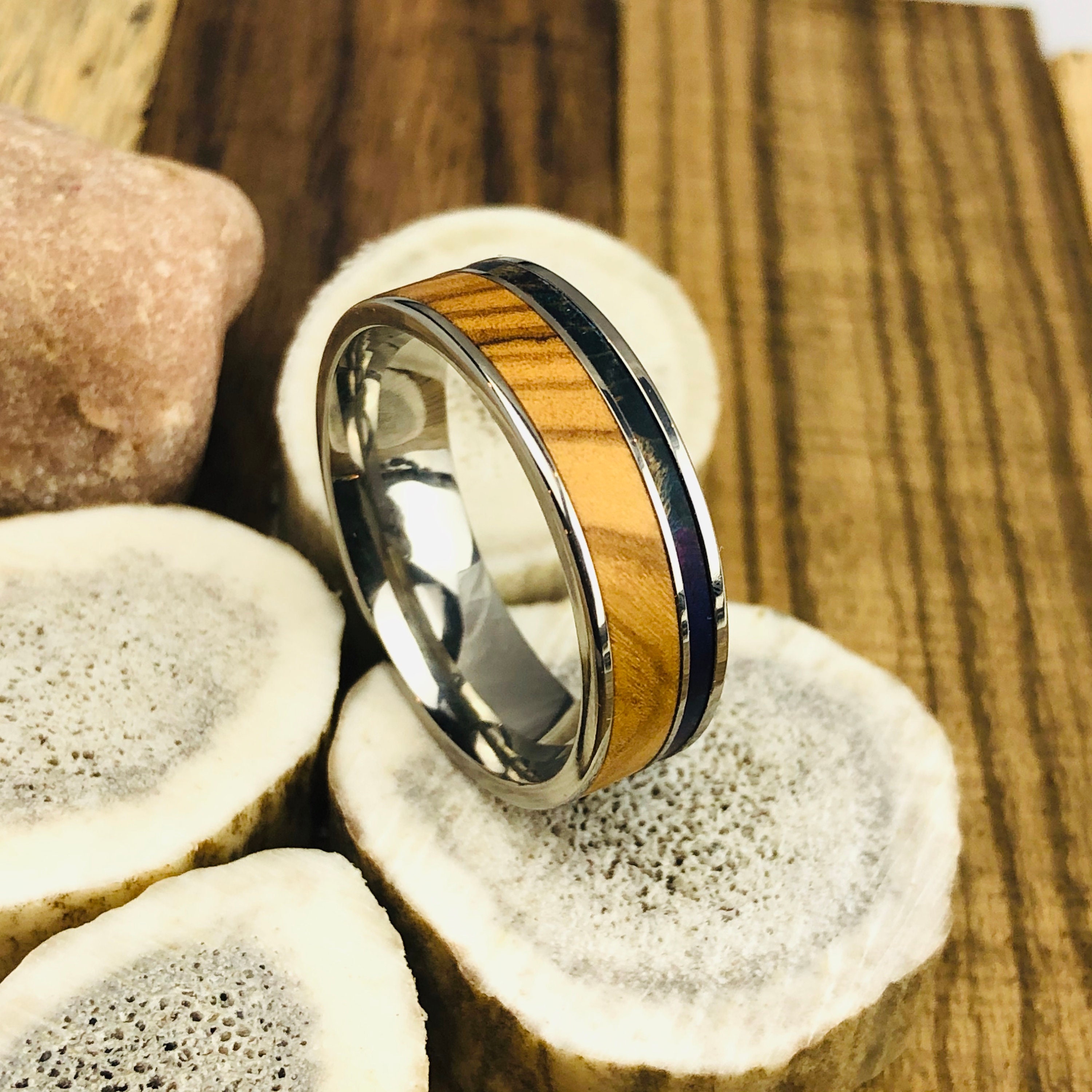 Olive Wood Ring Olive Wood Wedding Band Brown Blue Black Etsy