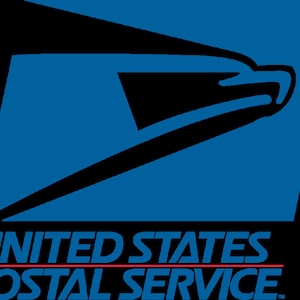 May include: The United States Postal Service logo features a blue background with a black eagle in flight. The words "United States Postal Service" are written in white below the eagle.