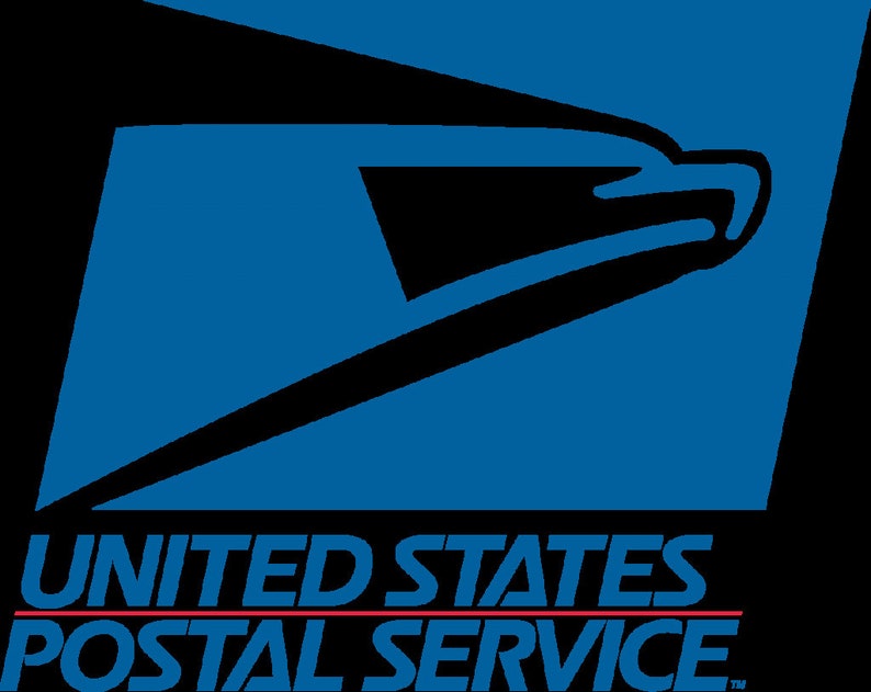 May include: The United States Postal Service logo features a stylized blue eagle head and the words "UNITED STATES POSTAL SERVICE" in a bold, sans-serif font. A red line underlines the words "POSTAL SERVICE". The logo is set against a black background.