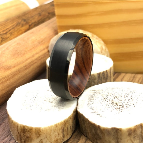 Black Tungsten Ring, Mens Wedding Band, Tungsten Wood Ring, Mens Rings, Wood Sleeve Tungsten Ring, Wooden Wedding Rings Men Anniversary Gift