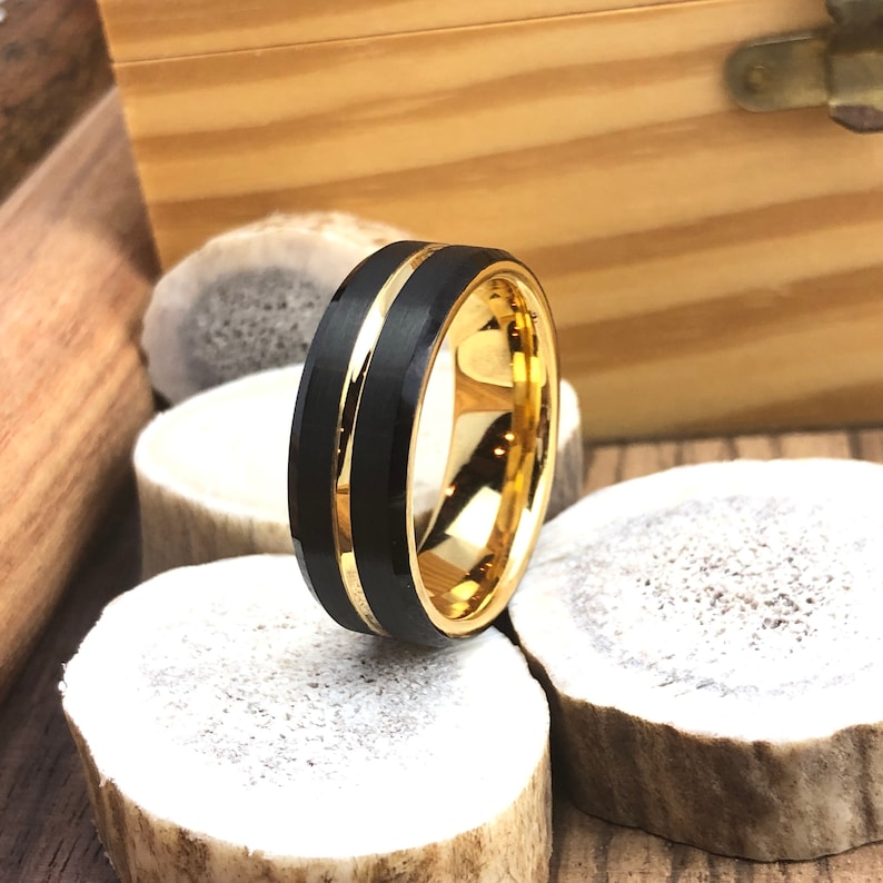 Gold Tungsten Wedding Band Black Tungsten Wedding Ring Mens Etsy