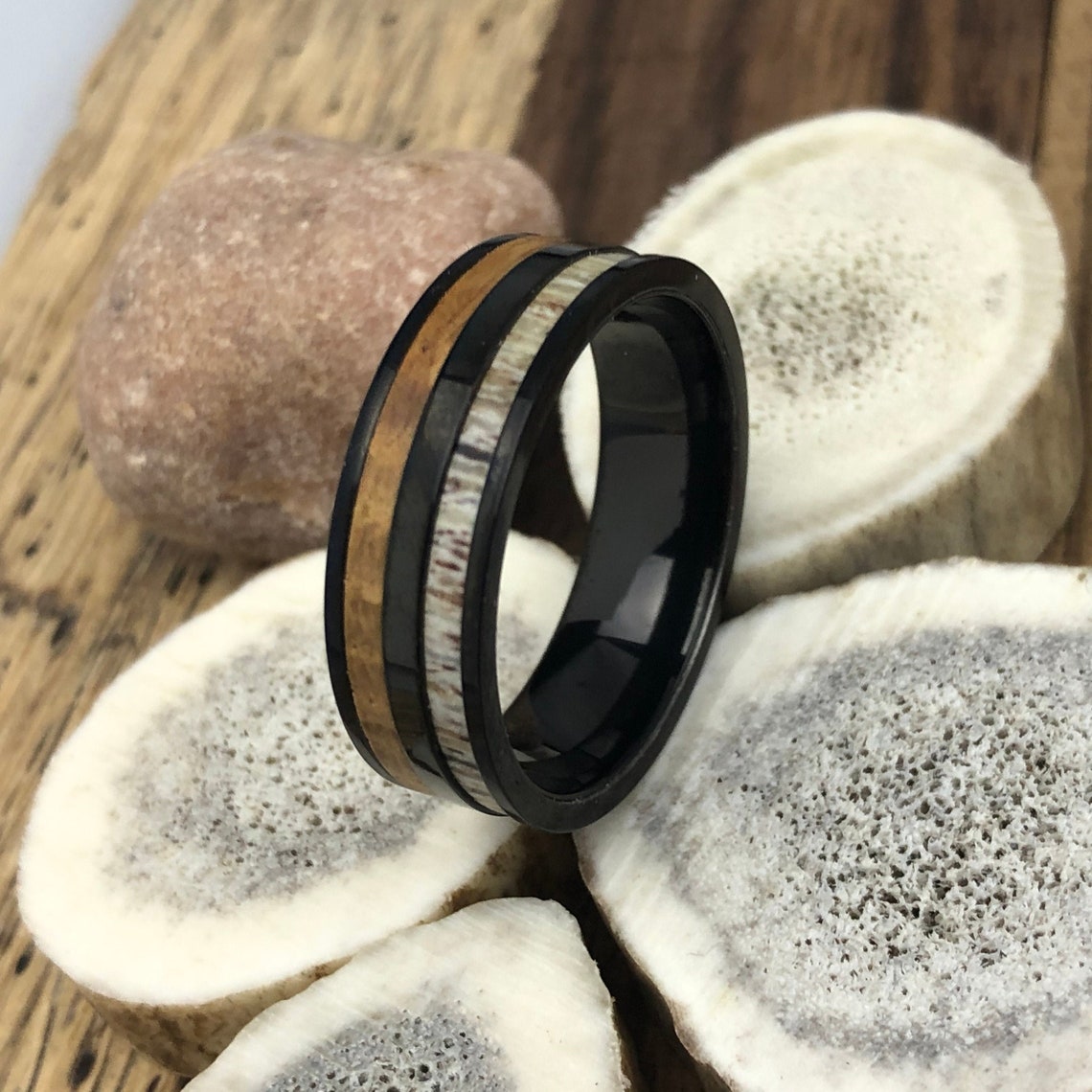 Black Titanium Whiskey Barrel Deer Antler Ring Whiskey Barrel image 1