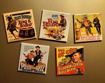 Western Movie Metal Magnets / Fun Kitsch Retro Cowboy Vintage Kitchen Magnets / 2x2 Metal