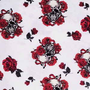Skulls Roses Snakes on White Novelty Cotton Fabric-OOP-BTY