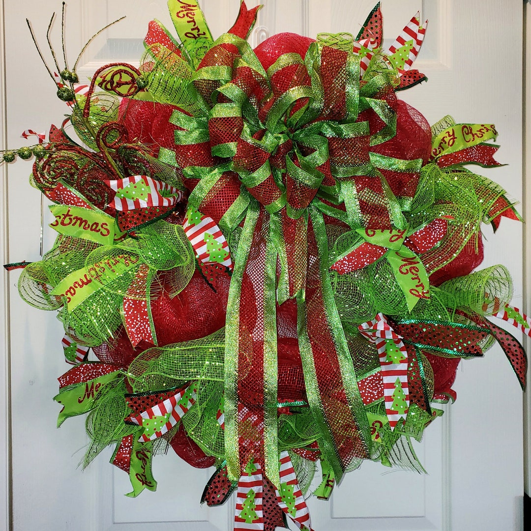 Beautiful Christmas Deco Mesh Green and Red Holiday Wreath - Etsy