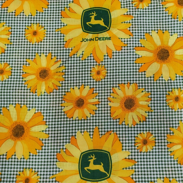 JOHN DEERE Logo Yellow and Gold Sunflowers on Green & Cream Gingham-OOP