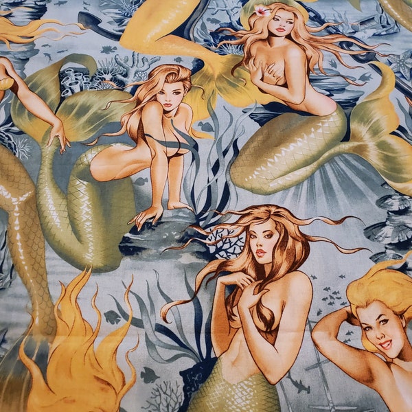 Alexander Henrys Sea Siren Mermaids Sage Green Fabric Nicoles Prints-BTY
