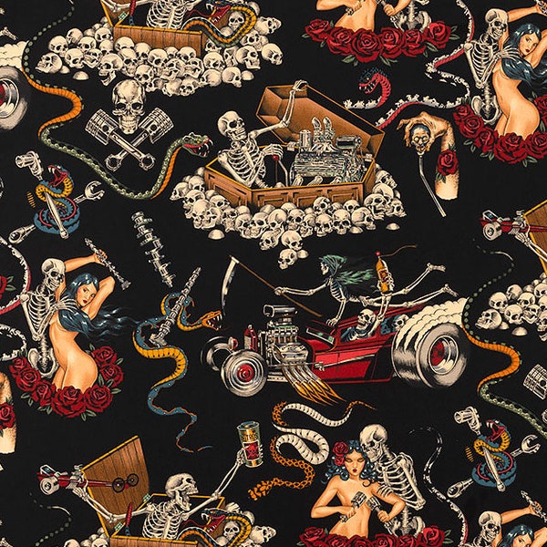 Hot Rod Nightmare on Black by Alexander Henry Fabrics-BTY