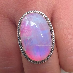 Pink Moonstone ring, 92.5% silver ring, Rainbow moonstone ring, Boho Statements ring, Big Stone ring, Oval stone ring, Crown Setting ring image 1