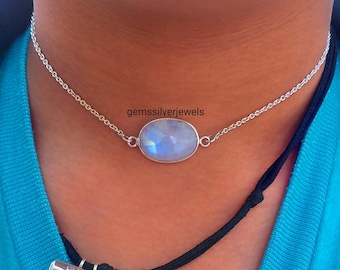 Moonstone Necklace, 925 Silver Pendant, June Birthstone, Blue Flash Necklace,  Healing Crystal Necklace, Rainbow Moonstone Jewelry