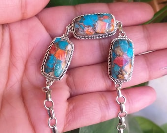 Oyster Turquoise Sterling Silver Bracelet: Boho Multicolor Stone Jewelry
