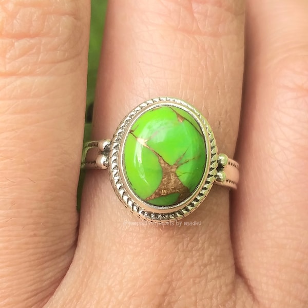 Groene Turquoise ring, 92,5% zilveren ring, groene steen ring, turquoise sieraden, Boho statement ring, achterste stenen ring, een unieke