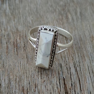 White Howlite Sterling Silver Ring: Boho Rectangle Statement Ring