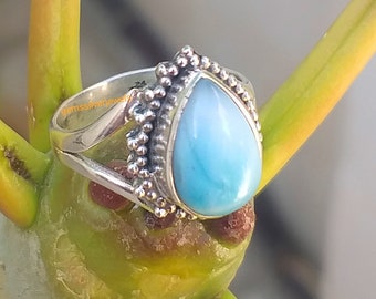 Boho Larimar Ring, 92.5% Silver ring, Water-drop stone ring, Blue stone ring, Dominican Republic Larimar, Larimar jewelry, Statements Rings