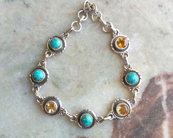 Turquoise & Citrine Sterling Silver Bracelet - Boho Style