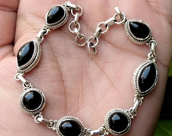 Sterling Silver Black Onyx Bracelet – Natural Gemstone Boho Jewelry