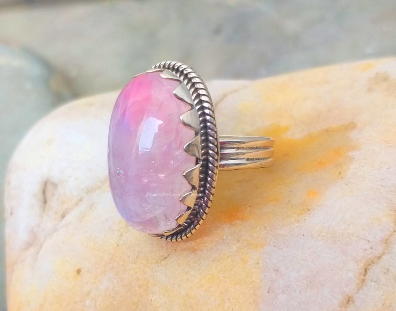 Pink Moonstone ring, 92.5% silver ring, Rainbow moonstone ring, Boho Statements ring, Big Stone ring, Oval stone ring, Crown Setting ring image 5