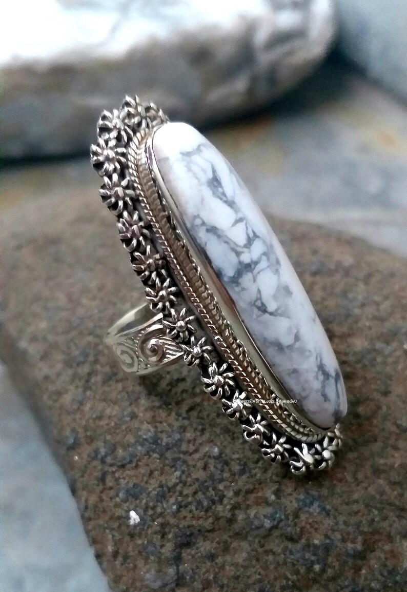 Howlite Ring Long Ring 92.5 Silver Ring Boho Statements Etsy India