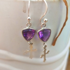 Amethyst Cross Dangle Earrings: 925 Sterling Silver, Boho Style
