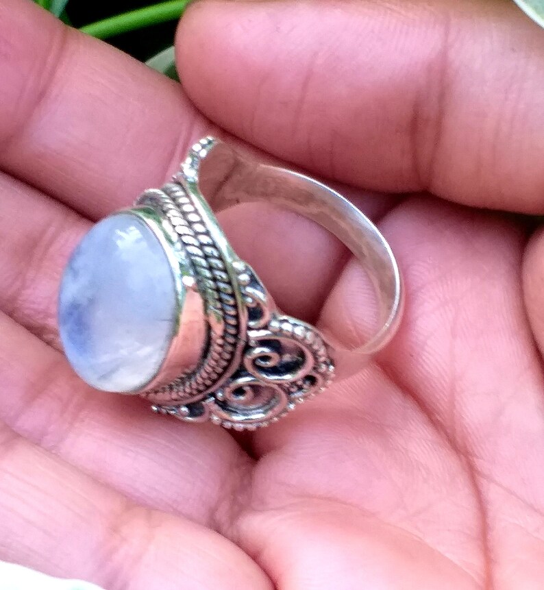 handcrafted ring Oval Stone Ring June Birthstone Silver Ring Rainbow Moonstone Ring Blue Stone Ring Statement Ring boho Gift For Her