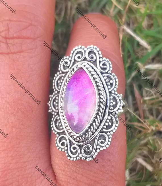 Natural Pink Moonstone Ring Brilliant Star Ring Solid Silver Ring 925 Silver Ring Handmade Ring Birthstone Ring Present Cabochon Ring