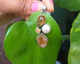 Natural Citrine with Pearl Pendant, Raw Citrine Pendant, 925 Sterling Silver Pendant, Multistone pendant, Gifts for him rough stone pendant