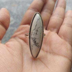Sterling Silver Howlite Ring: Long Boho Statement Jewelry