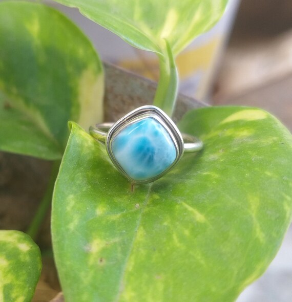 Natural Dominican Larimar Blue Stone Ring - 925 Sterling Silver Solitaire With Accents - Select Your Size