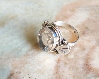 Crystal Quartz  10x14mm stone  Ring, 92.5% Sterling Silver Ring , Boho Crystal Quartz Jewelry, Statement Ring, Handmade jewelry