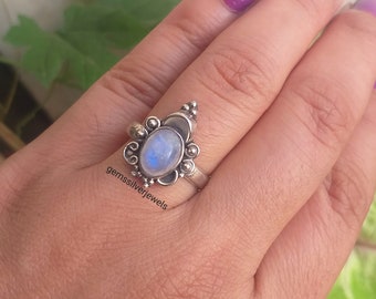 Rainbow Moonstone Ring, bague en argent sterling, pierre de naissance de juin, bague en pierre ovale, bague unique, bague de présentation, b