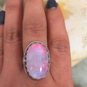 Pink Moonstone ring, 92.5% silver ring, Rainbow moonstone ring, Boho Statements ring, Big Stone ring, Oval stone ring, Crown Setting ring image 6