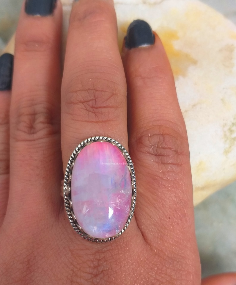 Pink Moonstone ring, 92.5% silver ring, Rainbow moonstone ring, Boho Statements ring, Big Stone ring, Oval stone ring, Crown Setting ring image 6