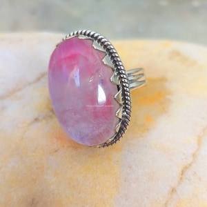 Pink Moonstone ring, 92.5% silver ring, Rainbow moonstone ring, Boho Statements ring, Big Stone ring, Oval stone ring, Crown Setting ring image 8
