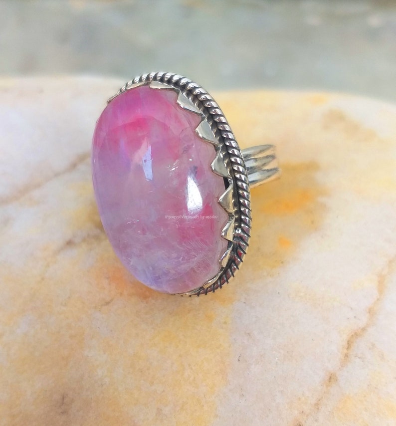 Pink Moonstone ring, 92.5% silver ring, Rainbow moonstone ring, Boho Statements ring, Big Stone ring, Oval stone ring, Crown Setting ring image 8