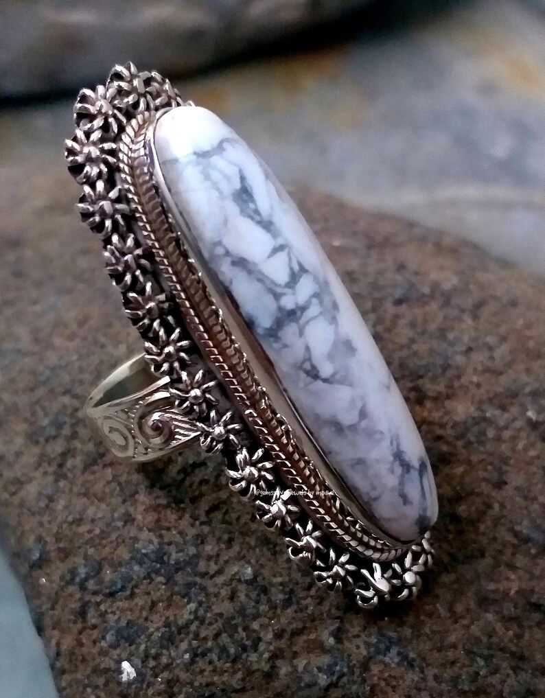 Howlite Ring Long Ring 92.5 Silver Ring Boho Statements Etsy India