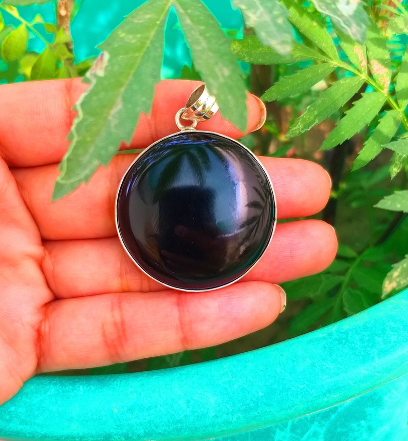 Natural Black Onyx Pendant 92.5 Sterling Silver 35mm Round Etsy