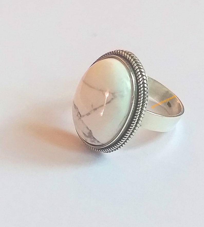White Howlite Ring, 92.5% Silver ring,Big Oval stone Ring, White turquoise ring, White Buffalo jewelry, Big Stone ring, Boho Statement Ring image 1