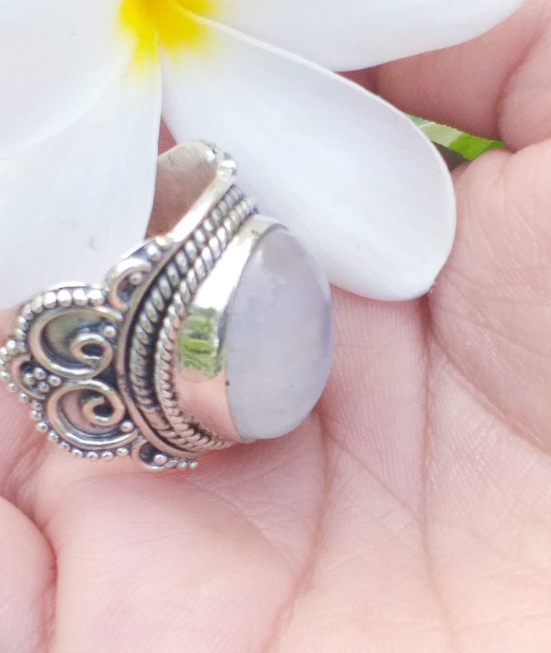 handcrafted ring Oval Stone Ring June Birthstone Silver Ring Rainbow Moonstone Ring Blue Stone Ring Statement Ring boho Gift For Her