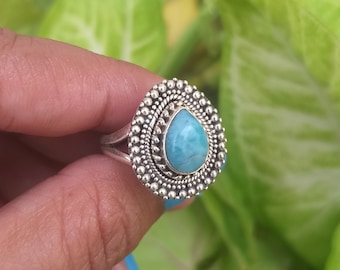 Natural Larimar Ring, 925 Sterling Silver Rings,  Blue Larimar Ring Dominican Republic Pear Shape Larimar ring Promise ring
