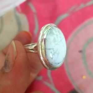 White Howlite Ring, 92.5%  Silver ring,Big Oval stone Ring, White turquoise ring, White Buffalo jewelry, Big Stone ring, Boho Statement Ring