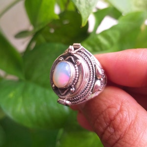 Opal Pill Box Ring: 925 Sterling Silver Hidden Compartment Boho Ring