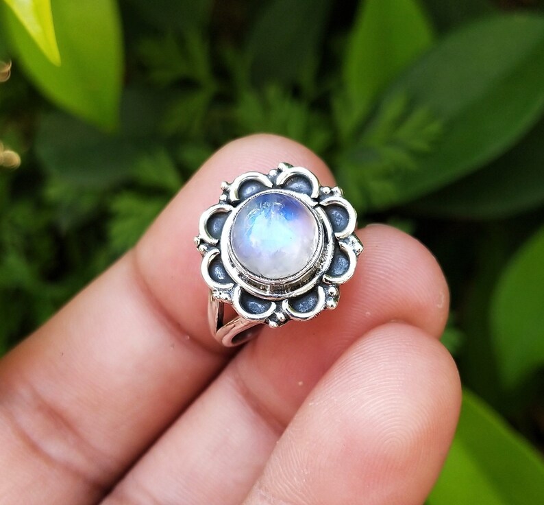 Boho Ring 925 Silver Ring Gift For Her Casual Ring Dainty Ring Natural blue flashy Moonstone Ring Moonstone Ring Round stone Ring