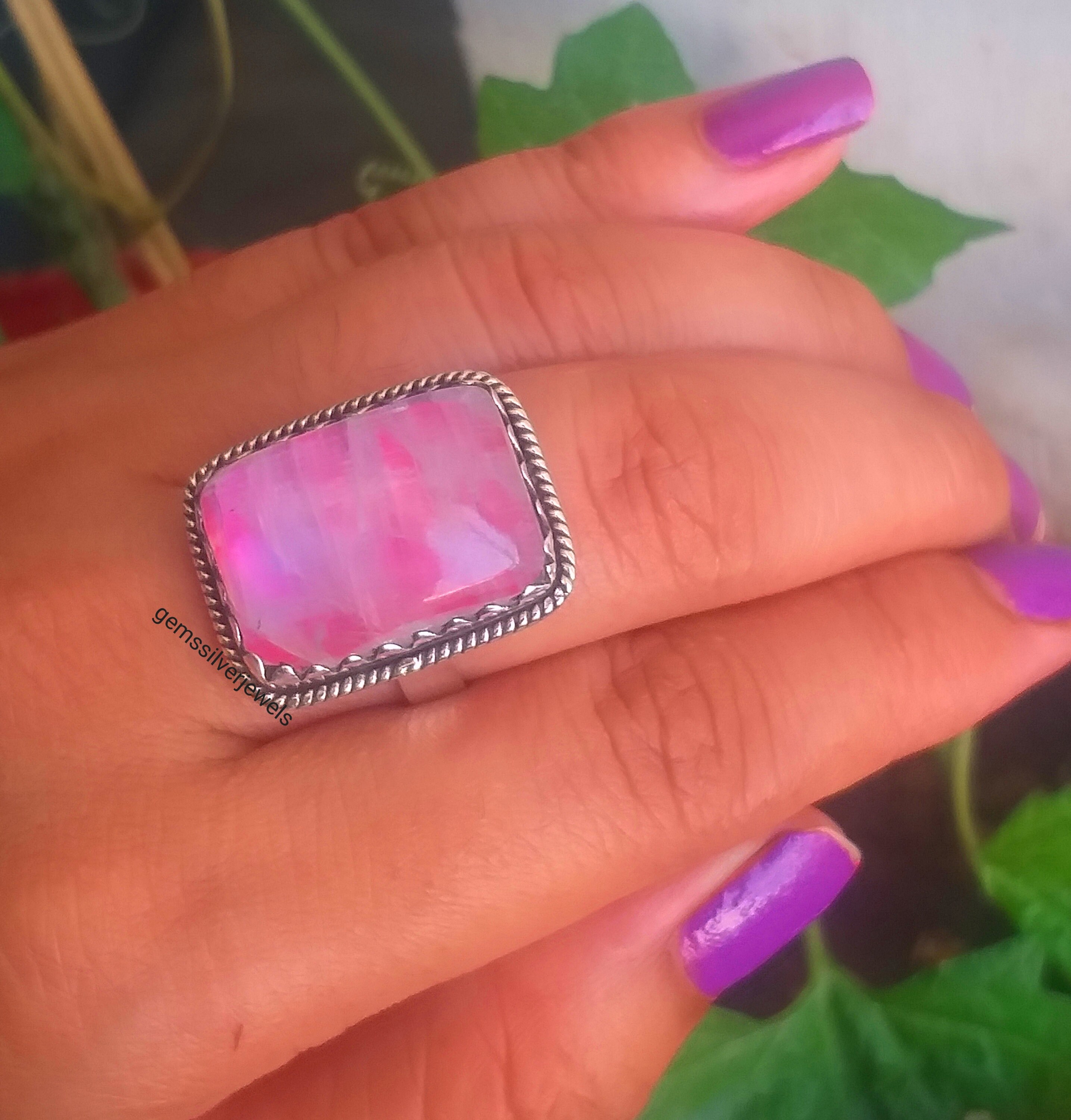 Pink Moonstone ring 92.5 silver ring Rainbow moonstone Etsy