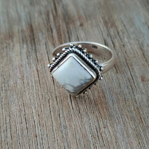White Howlite Square Ring: Sterling Silver Boho Statement Ring
