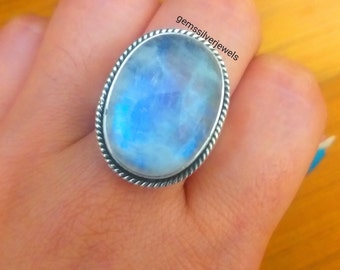 Natural Moonstone Ring, 92.5% Sterling Silver Ring, June Birthstone Big Oval Blue Flash Stone Ring, Boho Statement Ring, Rainbow Moonstone